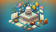 an illustration of the u s capitol building surrounded by bitcoins, stacks of coins and papers