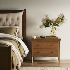 Rounded, chunky dowel legs in an amber oak finish support the overhang top of this nightstand. Two drawers provide ample storage, finished with simple gunmetal hardware. Importance Of Rest, Nightstand Design, Farm Inspiration, 2024 Home Decor, Peaceful Bedroom, Rustic Nightstand, Oak Nightstand, Nightstand Set Of 2, Bedroom Bliss