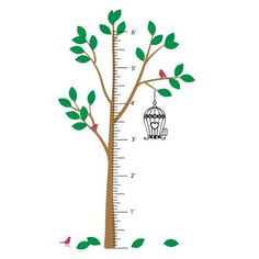 a growth chart with a bird in a cage on it and a tree next to it