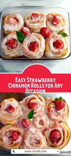 strawberry cinnamon rolls with icing and fresh strawberries on top are ready to be eaten