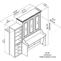 a drawing of a desk with drawers and a bench in front of it, measurements