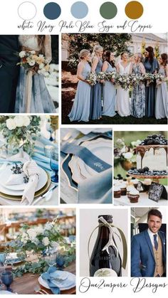 a collage of blue and gray wedding colors