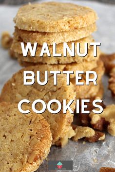 several cookies stacked on top of each other with the words walnut butter cookies above them