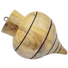 a wooden object that is shaped like a ball and has black lines on the side