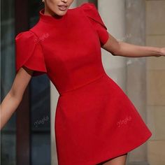 Super Cute And Stylish Ships In 5-10 Business Days Fitted Red Mini Dress With Short Sleeves, Red Fitted Mini Dress With Short Sleeves, Solid Color Short Sleeve Mini Dress For Evening, Red High Neck Mini Dress For Party, Red Solid Color Evening Dress, Red Mini Dress Solid Color, Formal Red High Neck Dress, Red High Neck Dress For Date Night, Chic Red Solid Color Mini Dress