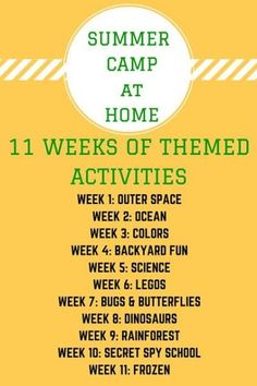 a poster with the words summer camp at 11 weeks of themed activities in green and yellow