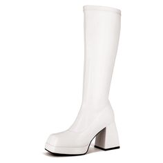 PRICES MAY VARY. Measuerment of Tall Boots: Heel height: 3.54 inches, platform height: 1 inch, opening circumference: 6.7 inches (size 7), tube height: 17.7 inches High-Quality Materials:Knee High boots for women Adopted High quality faux leather, high malleability, can be easily folded, soft inner lining fits legs more comfortably. Comfortable Fit:With a chunky block heel and a pull-on style, these Square Toe Platform Gogo Boots offer both style and convenience. Non-slip rubber sole and thick h Platform Gogo Boots, White Gogo Boots, Leather Long Boots, High Boots For Women, Long Leather Boots, Knee High Platform Boots, Cheap Boots, Boots Heel, Trendy Boots