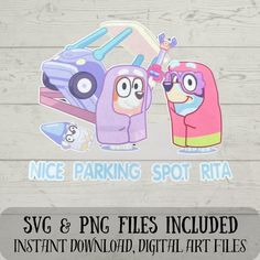 two cartoon characters are standing next to each other with the words nice parking spot ria