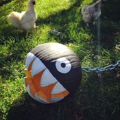 an inflatable ball that has been painted to look like a fish on the grass