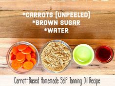 Recipe for carrot-based homemade sunless tanning oil. Tanning Oil Recipe, Homemade Tanning Lotion, Self Tanning Lotions