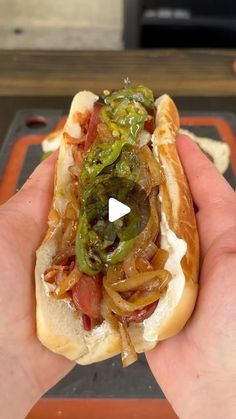 a hand holding a hot dog with onions and peppers