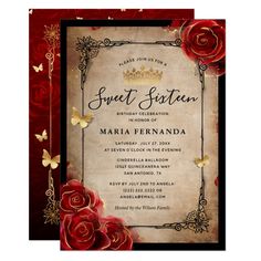 a red rose and butterfly quinceur party card