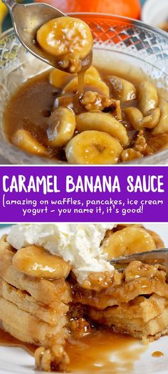 bananas and caramel sauce are being drizzled over pancakes