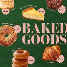 an advertisement for baked goods with different types of doughnuts and croissants