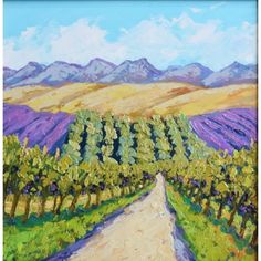 an oil painting of a dirt road in front of mountains and grape bushes with trees on each side