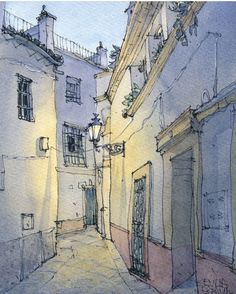 a drawing of an alleyway with buildings and street lamps on either side, painted in watercolor