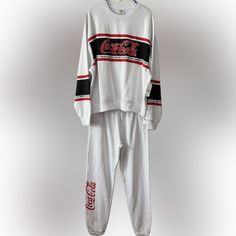 Coca-Cola By Pacsun Enjoy Crew Neck Sweatshirt & Sweatpants Size Small New With Tags White Tracksuit With Letter Print For Loungewear, White Letter Print Tracksuit For Loungewear, Casual Red Crew Neck Sets, White Sporty Tracksuit With Letter Print, White Cotton Tracksuit With Letter Print, Casual Red Sets For Streetwear, White Relaxed Fit Tracksuit For Loungewear, White Relaxed Fit Long Sleeve Sets, Casual White Cotton Sets