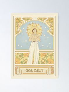 a poster with the image of a woman in white pants and sun above her head