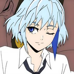 an anime character with blue eyes and white hair