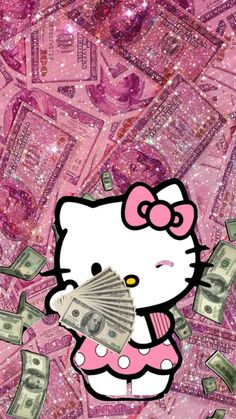 a hello kitty wallpaper with lots of money