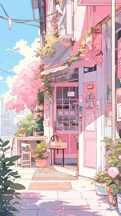 an illustration of a pink store front with flowers in the window and on the sidewalk