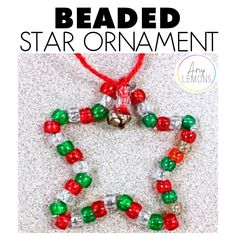 the beaded star ornament is made with red, green and white beads