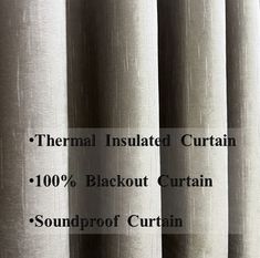 an image of curtains with the words thermal insulated curtain 100 % blackout curtain soundproof curtain