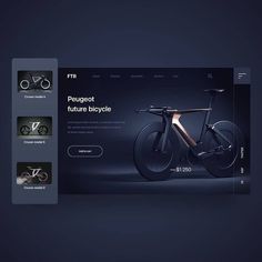 an image of a website page with a bike on the front and back side, in dark colors