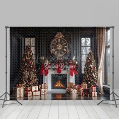 a room with christmas trees and presents in front of a fireplace, surrounded by black walls