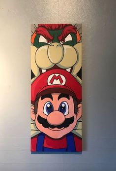 a painting of mario on a wall with a red hat and moustached face