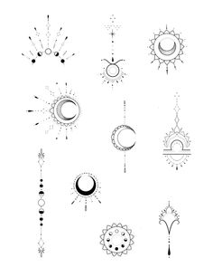 the sun, moon and stars are drawn in black ink