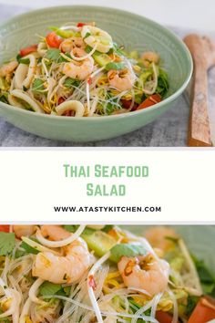 Thai seafood salad plated in salad bowl. Thai Seafood Salad, Thai Seafood, Authentic Thai Food, Tasty Thai, Fresh Salad Recipes, Fresh Salad, Seafood Salad, Fun Salads, Tasty Kitchen