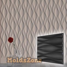 a vase with a red flower in it next to a wallpapered background that looks like wavy lines