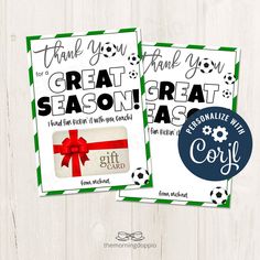 two christmas cards with the words, thank you for great season and gift card on them