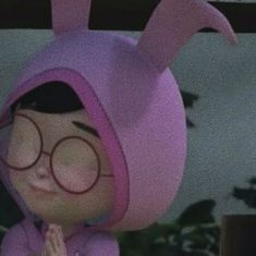 a cartoon character wearing glasses and a pink outfit