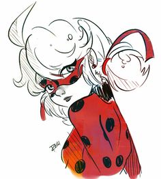 a drawing of a ladybug girl with red and black hair wearing a mask