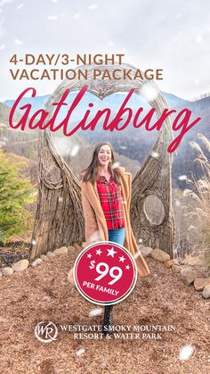 a woman standing in front of a tree with the words gatlinburg on it