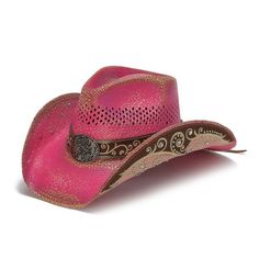 Unsure of what a Dropship item is? Click this link so you are fully informed prior to your purchase! Western style meets pink. The Stampede Hats Pink Flower Filigree Cowboy Hat is fashionable and dazzling. With swirls of detail, rhinestones, and floral statement buckle, this hat is a statement piece that will be sure to stand out from the crowd. Features: -100% Quality Genuine Panama Straw - Lightly Distressed Pink-Fashionably decorated under side brims with rhinestones and colored pattern-Vent holes in teardrop shape crown Womens Straw Cowboy Hat, Pink Cowboy Hat, Black Cowboy Hat, Black Cowboys, Outback Hat, Hat Aesthetic, Felt Cowboy Hats, Straw Cowboy Hat, Western Hats