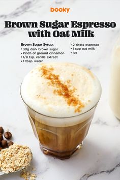 an advertisement for brown sugar espresso with oat milk