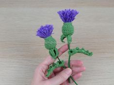 two crocheted flowers are being held by someone's hand