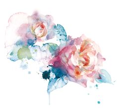 watercolor painting of flowers on white background with blue and pink paint splatters