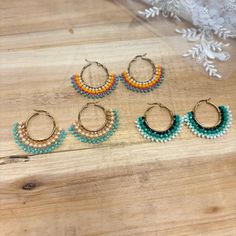 Beaded Stitch Hoop Earrings (Gold Hardware) Blush/Orange/Fuchsia/Turquoise Turquoise & Blush Teal/Turquoise/Mint/White Beaded Stitch, Bead Creations, V Design, Boho Hoop Earrings, Hoop Earrings Gold, Teal Turquoise, Bead Stitching, Beaded Jewelry Patterns, Beaded Hoop Earrings