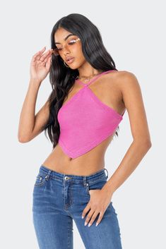 PRODUCT INFO Halter Top Soft knitted fabric Adjustable halter neckline Knitted straps Open-back design Rayon Model wears size XS/S Model height is 5'7 Item care: Hand wash Pink Knit Top, Open Back Top, Backless Top, Pink Knit, Halter Crop Top, Pink Top, Halter Neckline, Pink Shirt, S Models