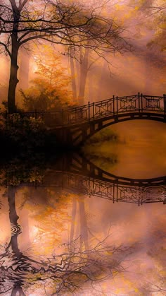 a painting of a bridge over water with trees in the background and foggy sky