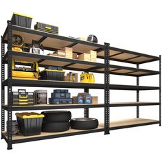 an industrial shelving unit with lots of shelves and bins on the bottom shelf