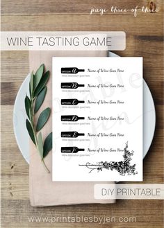 the wine tasting game is on top of a plate next to a fork and knife