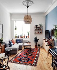 a living room filled with furniture and lots of plants on top of a wooden floor