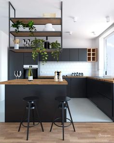 two stools are in front of an island with plants and bottles on the shelves