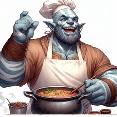 an image of a man that is cooking some food in a pot and pointing to the side