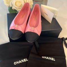 Authentic Chanel Women’s Ballerina Flats - Size 37 (7b) Worn Once, Brand New Condition, Slight Scuffs On Bottom Soles Lilac/Pink With Black Gross Grain Toe Box With Bow & Cc Pearl Accent Smoke Free Pet Free Odor Free Formal Pink Leather Ballet Flats, Pink Leather Ballet Flats For Formal Occasions, Chic Pink Leather Ballet Flats, Designer Ballet Flats For Spring Evening, Designer Spring Ballet Flats For Evening, Chic Pink Ballet Flats For Evening, Chic Pink Ballet Flats For Party, Pink Pointed Toe Ballet Flats For Party, Pink Elegant Ballet Flats For Formal Occasions